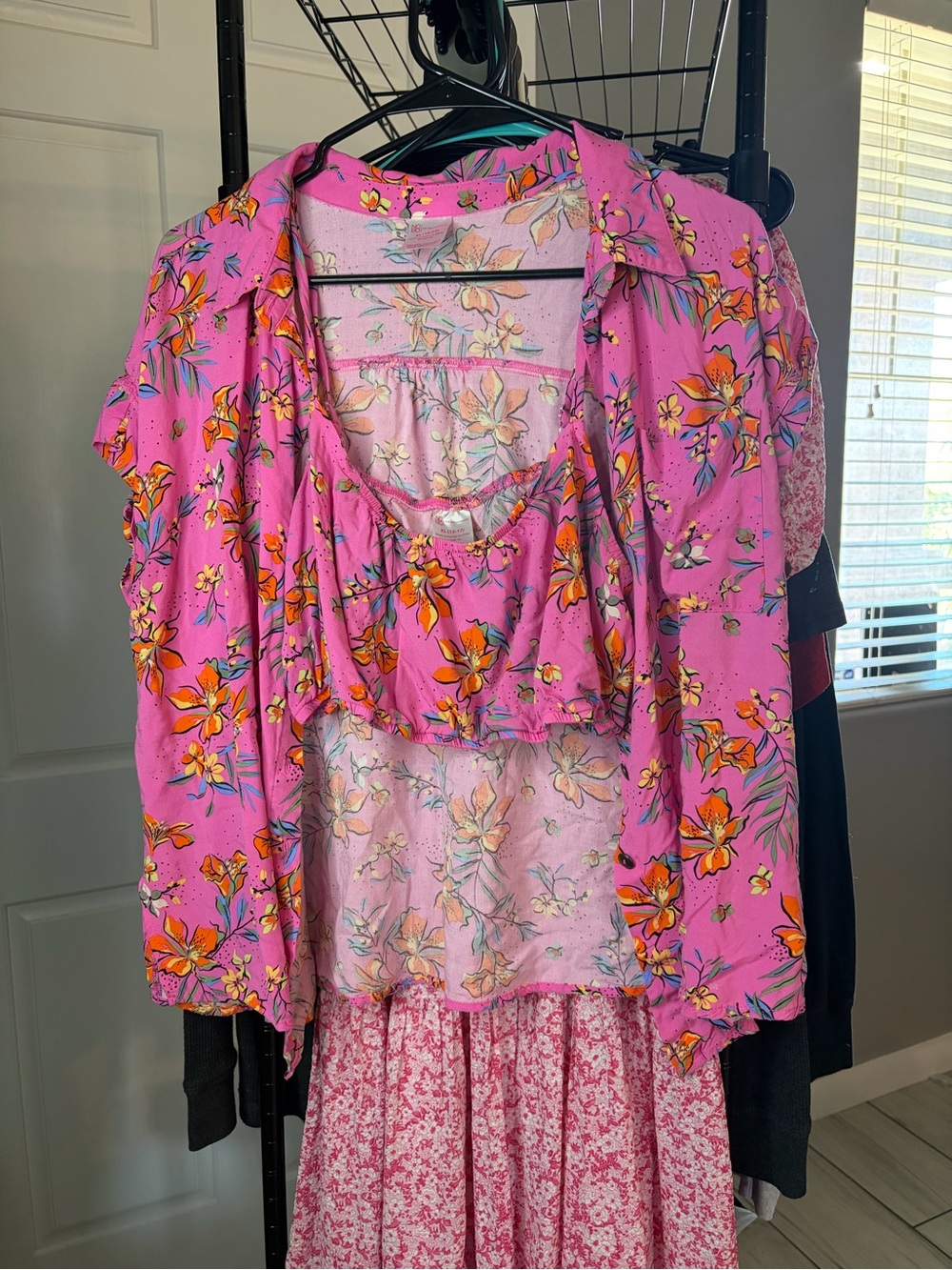 No Boundaries Pink Floral Cami and Button Shirt Set